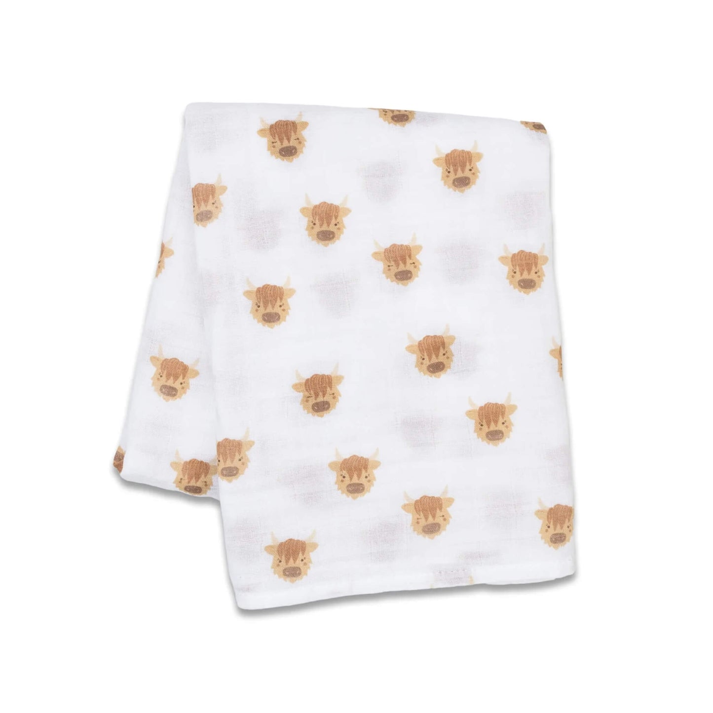 Lightweight muslin swaddle folded flat, showing a repeating pattern of cheerful brown Highland cow illustrations across the white cotton fabric.