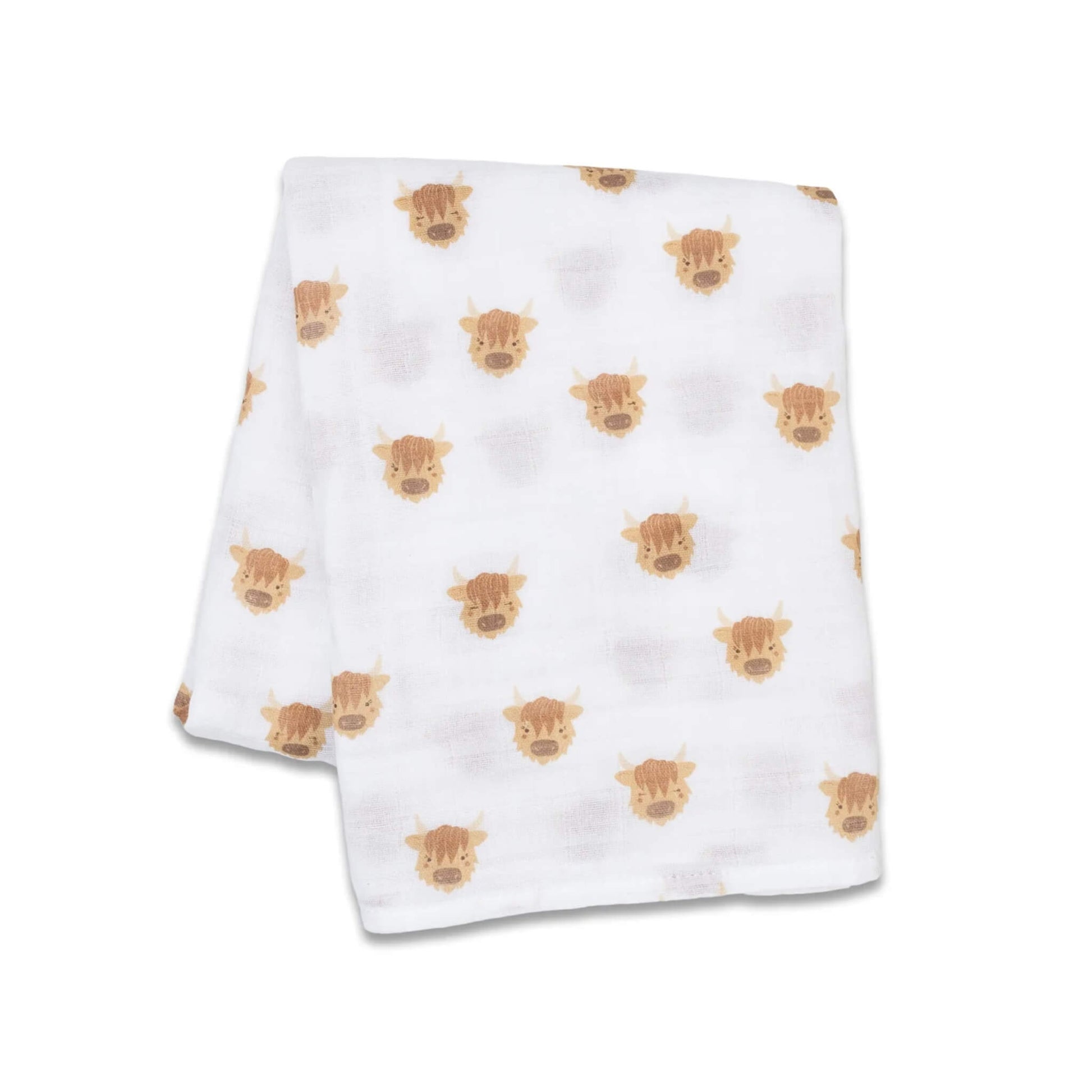 Lightweight muslin swaddle folded flat, showing a repeating pattern of cheerful brown Highland cow illustrations across the white cotton fabric.