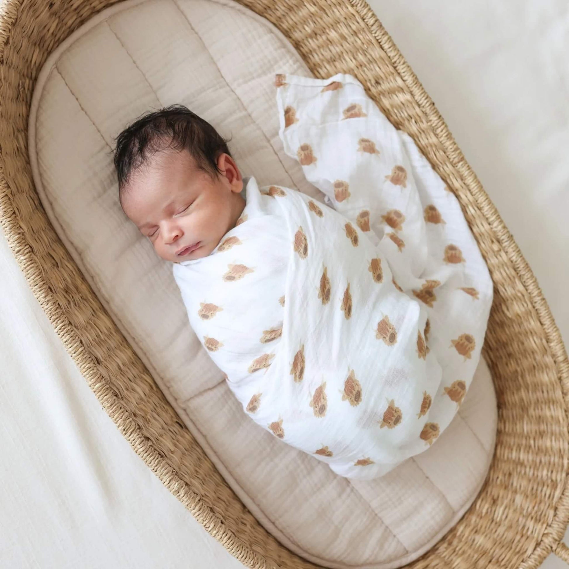 Baby sleeping peacefully in a woven Moses basket, swaddled in the white muslin blanket patterned with Highland cows.