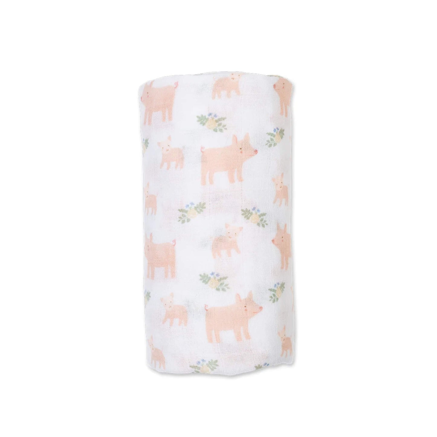 Lulujo Cotton Muslin Swaddle in the Piggy design, neatly rolled to show its soft white fabric decorated with pale pink pig illustrations and small green floral accents.