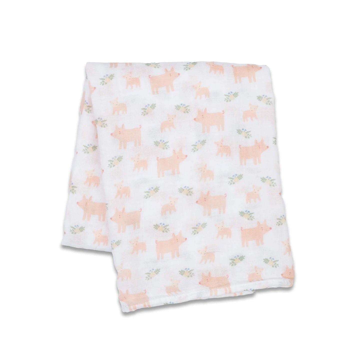 Lightweight muslin swaddle folded flat, showing a repeating pattern of pink pigs and tiny green sprigs across the white cotton fabric.