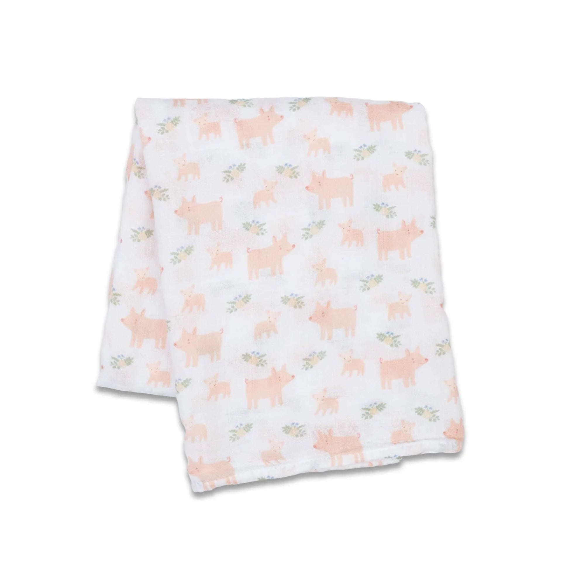 Lightweight muslin swaddle folded flat, showing a repeating pattern of pink pigs and tiny green sprigs across the white cotton fabric.