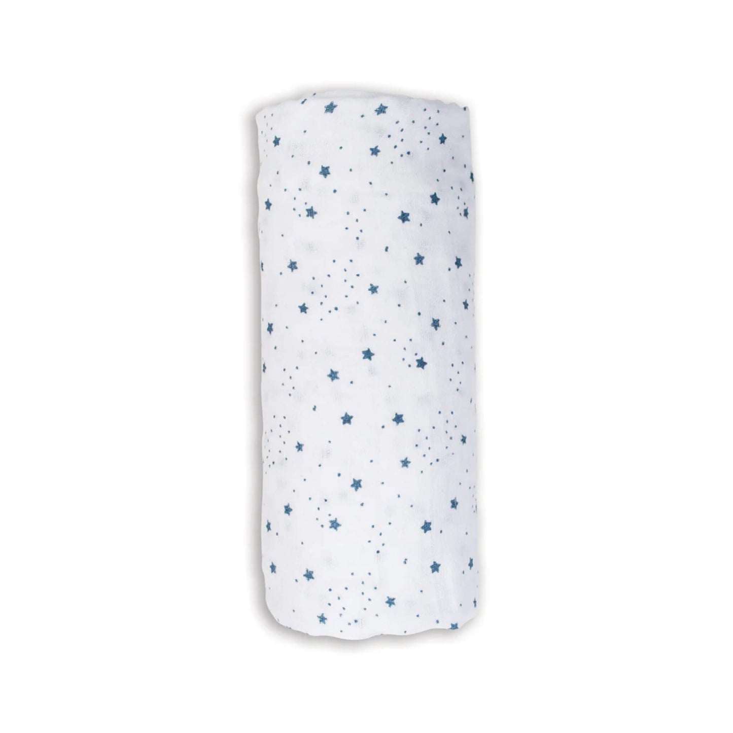 Lulujo Cotton Muslin Swaddle in the Stars design, rolled neatly to show the soft white fabric patterned with scattered blue stars.
