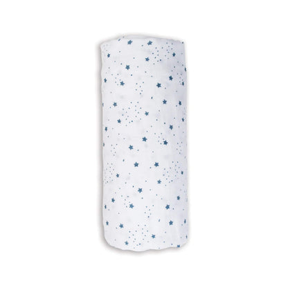 Lulujo Cotton Muslin Swaddle in the Stars design, rolled neatly to show the soft white fabric patterned with scattered blue stars.