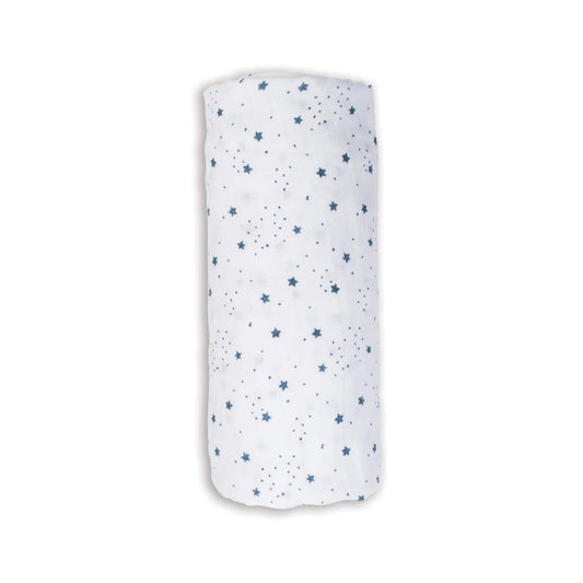 Lulujo Cotton Muslin Swaddle in the Stars design, rolled neatly to show the soft white fabric patterned with scattered blue stars.