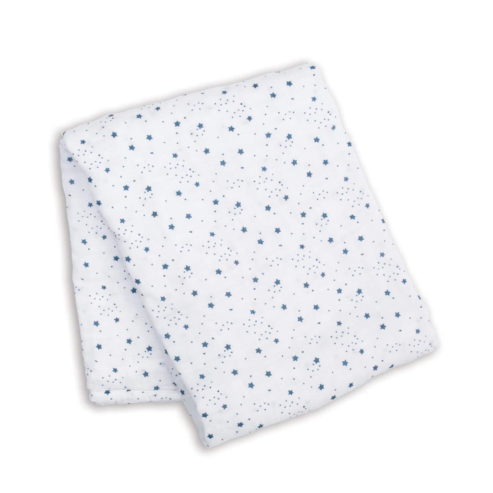 Folded cotton muslin swaddle showing a repeat pattern of small blue stars across the lightweight white fabric.