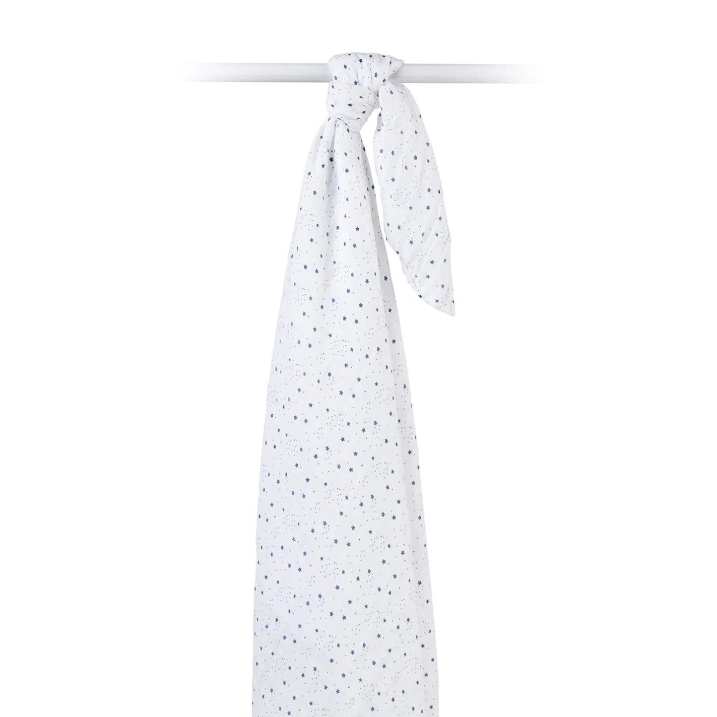Muslin swaddle draped over a rod, highlighting the airy texture and scattered star print.