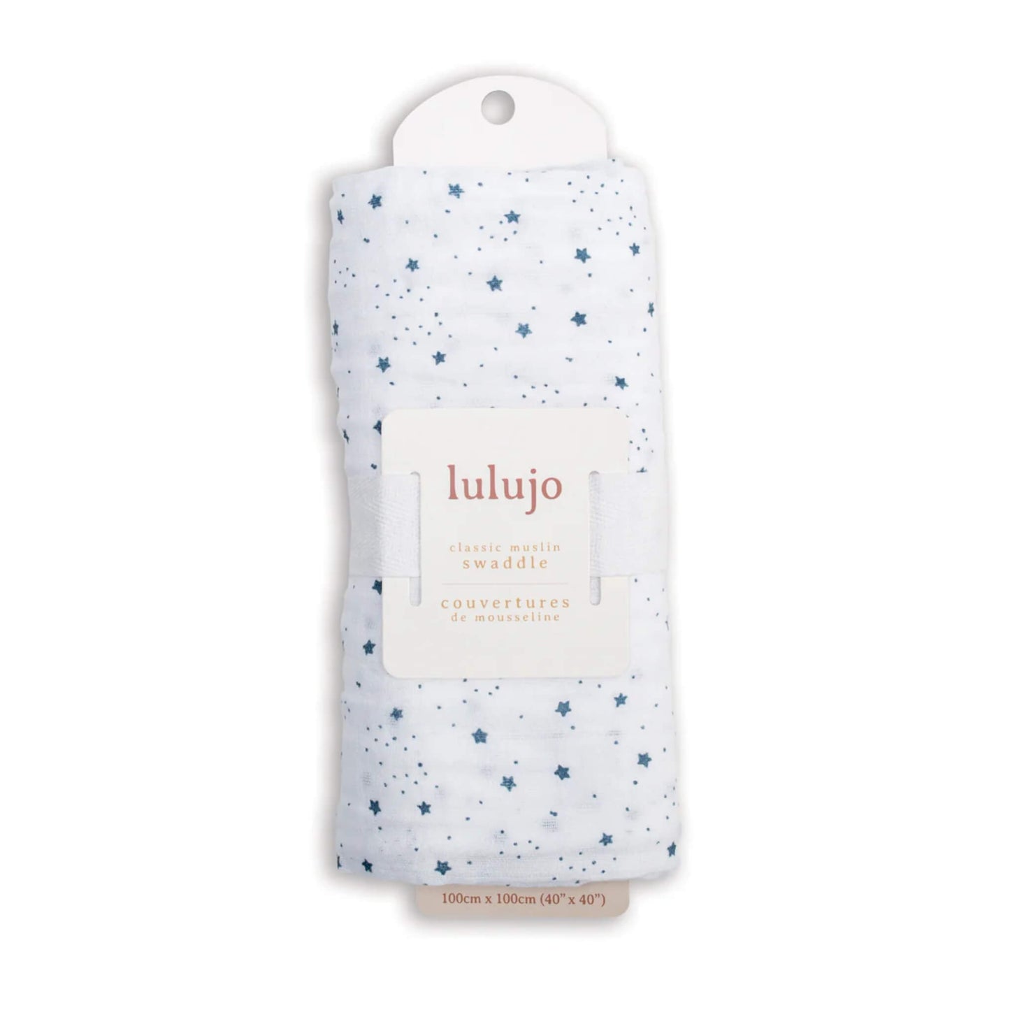 Swaddle rolled in its Lulujo packaging with the white label visible, displaying the blue star design through the fabric.