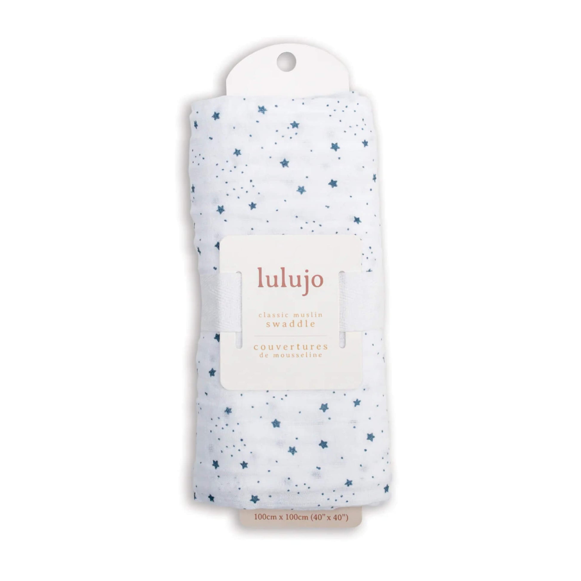 Swaddle rolled in its Lulujo packaging with the white label visible, displaying the blue star design through the fabric.