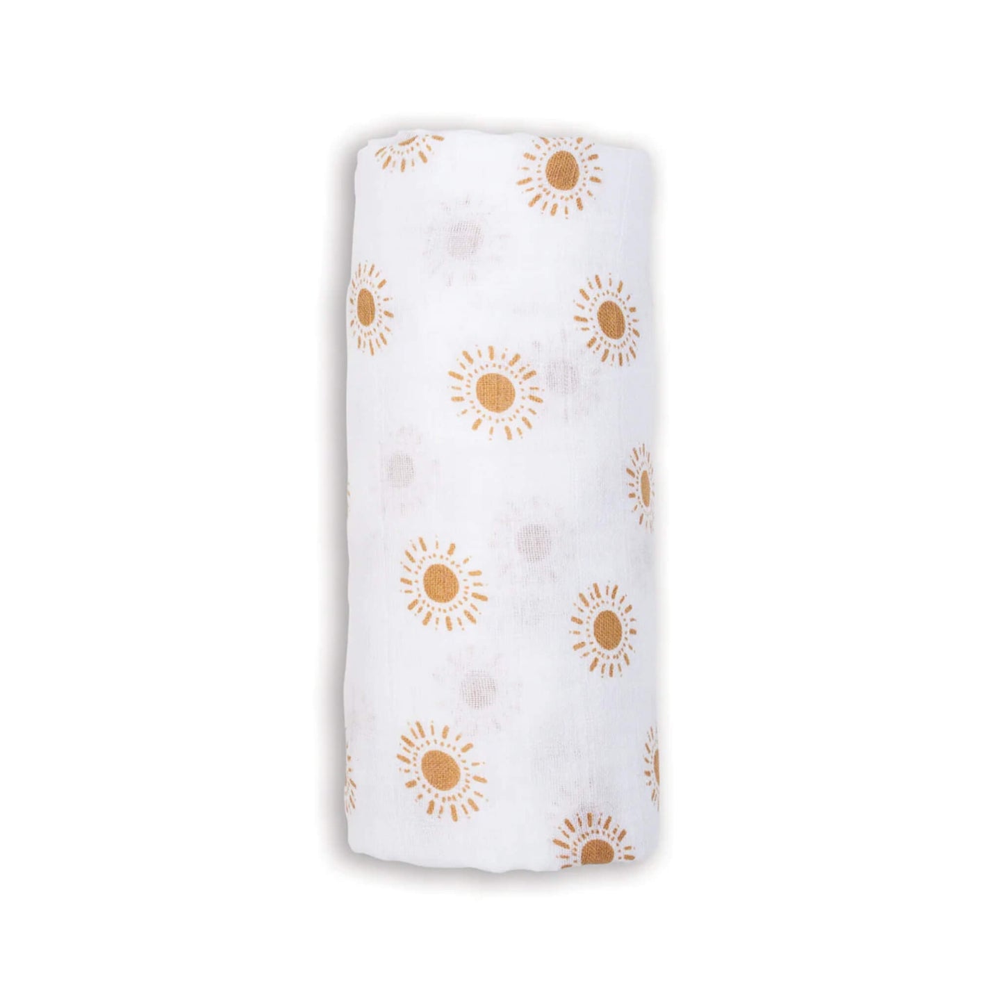 Lulujo Cotton Muslin Swaddle in the Suns design, rolled neatly to show soft white fabric patterned with warm golden sun illustrations.