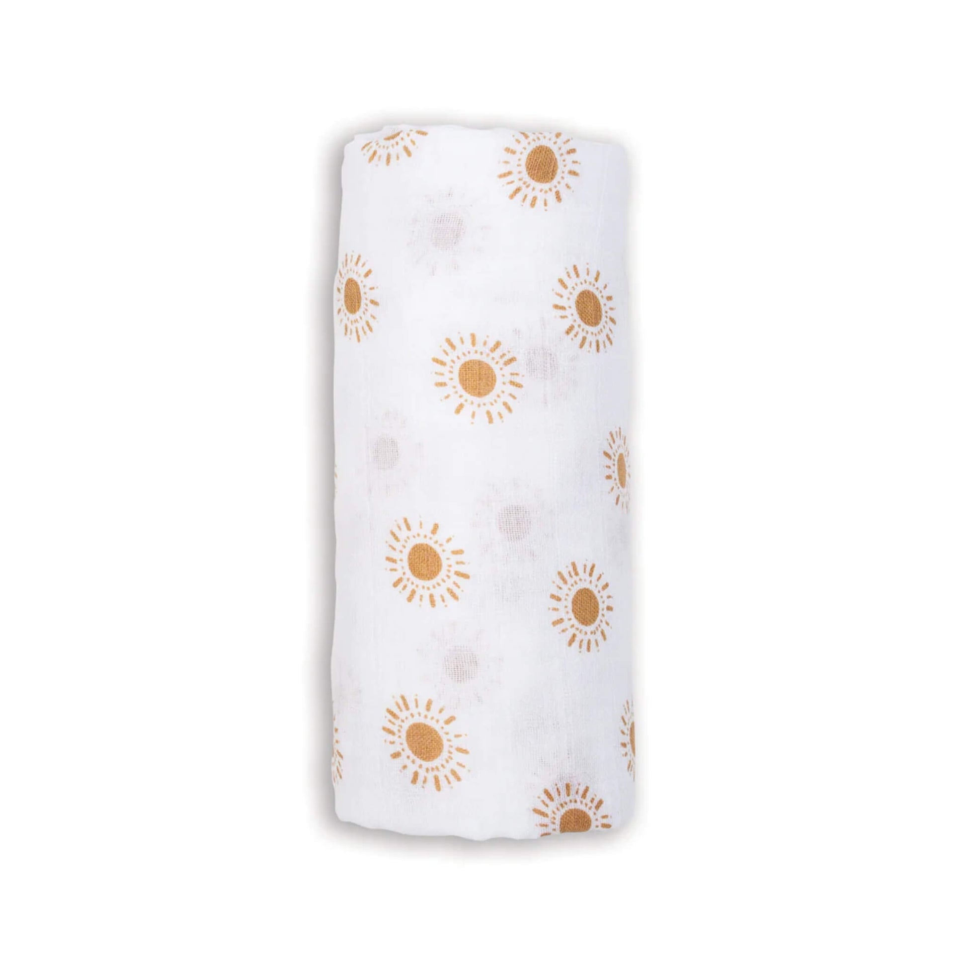 Lulujo Cotton Muslin Swaddle in the Suns design, rolled neatly to show soft white fabric patterned with warm golden sun illustrations.
