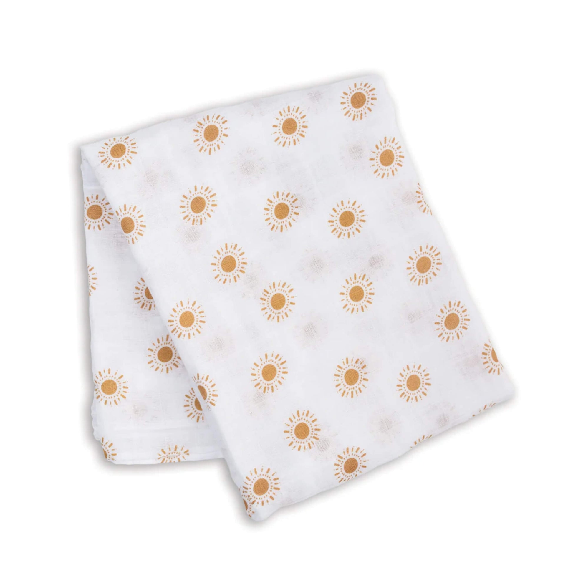 Folded muslin swaddle featuring a repeating print of mustard-yellow suns on lightweight white cotton fabric.