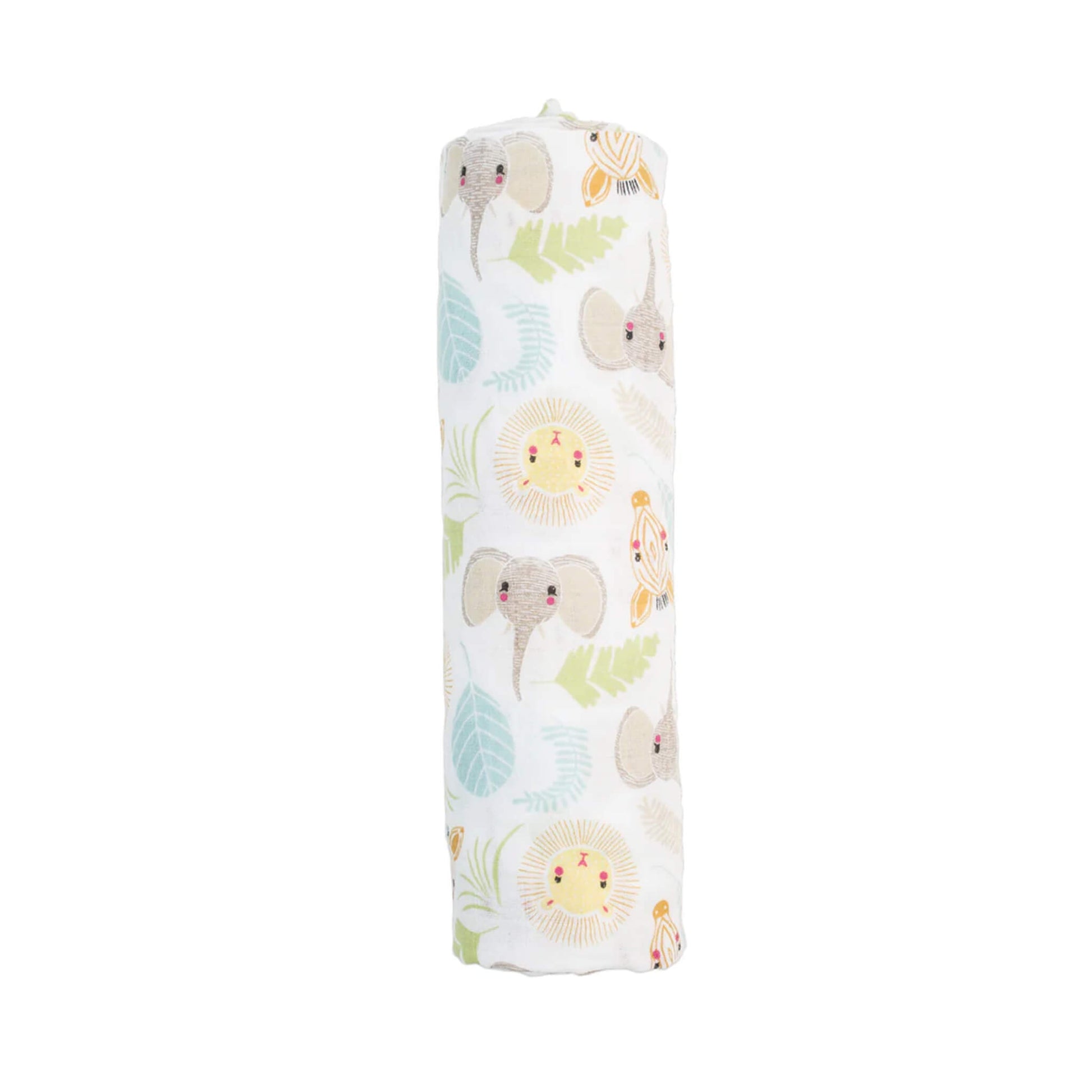 Lulujo Large Muslin Swaddle Jungle Safari design rolled and ready for use, featuring soft cotton fabric with cheerful animal and leaf illustrations.
