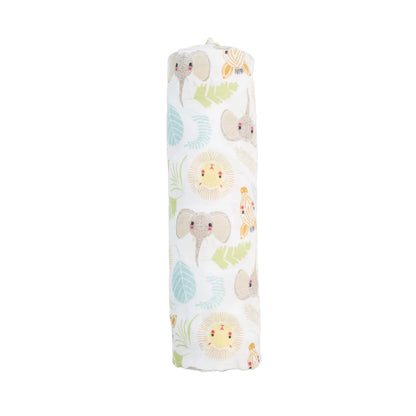 Lulujo Large Muslin Swaddle Jungle Safari design rolled and ready for use, featuring soft cotton fabric with cheerful animal and leaf illustrations.
