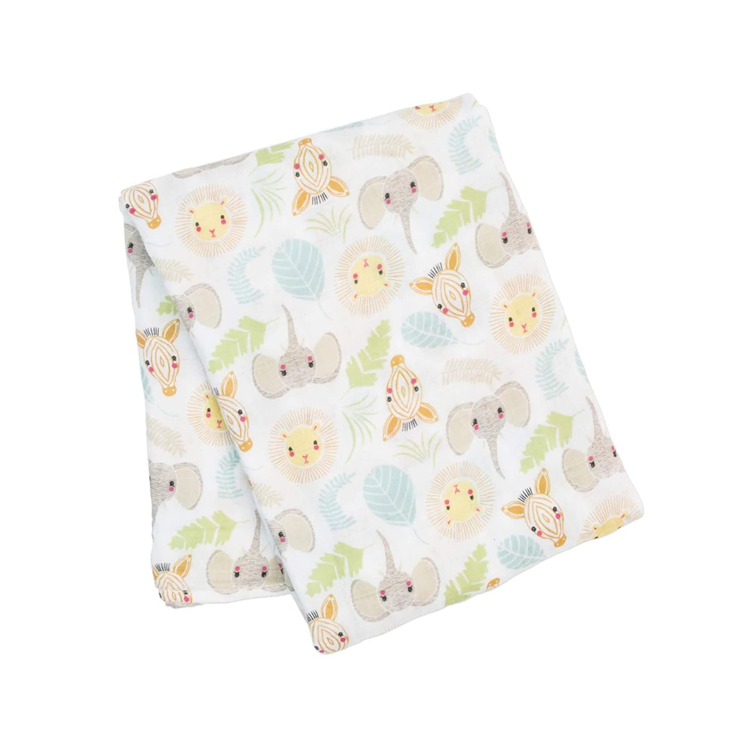 Cotton muslin swaddle neatly folded to show the Jungle Safari print with elephants, lions, zebras and leaves in soft pastel tones.