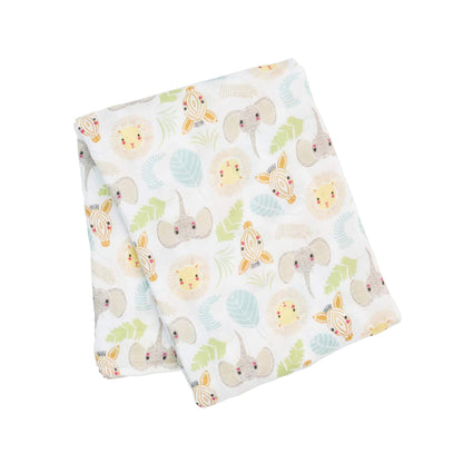 Cotton muslin swaddle neatly folded to show the Jungle Safari print with elephants, lions, zebras and leaves in soft pastel tones.