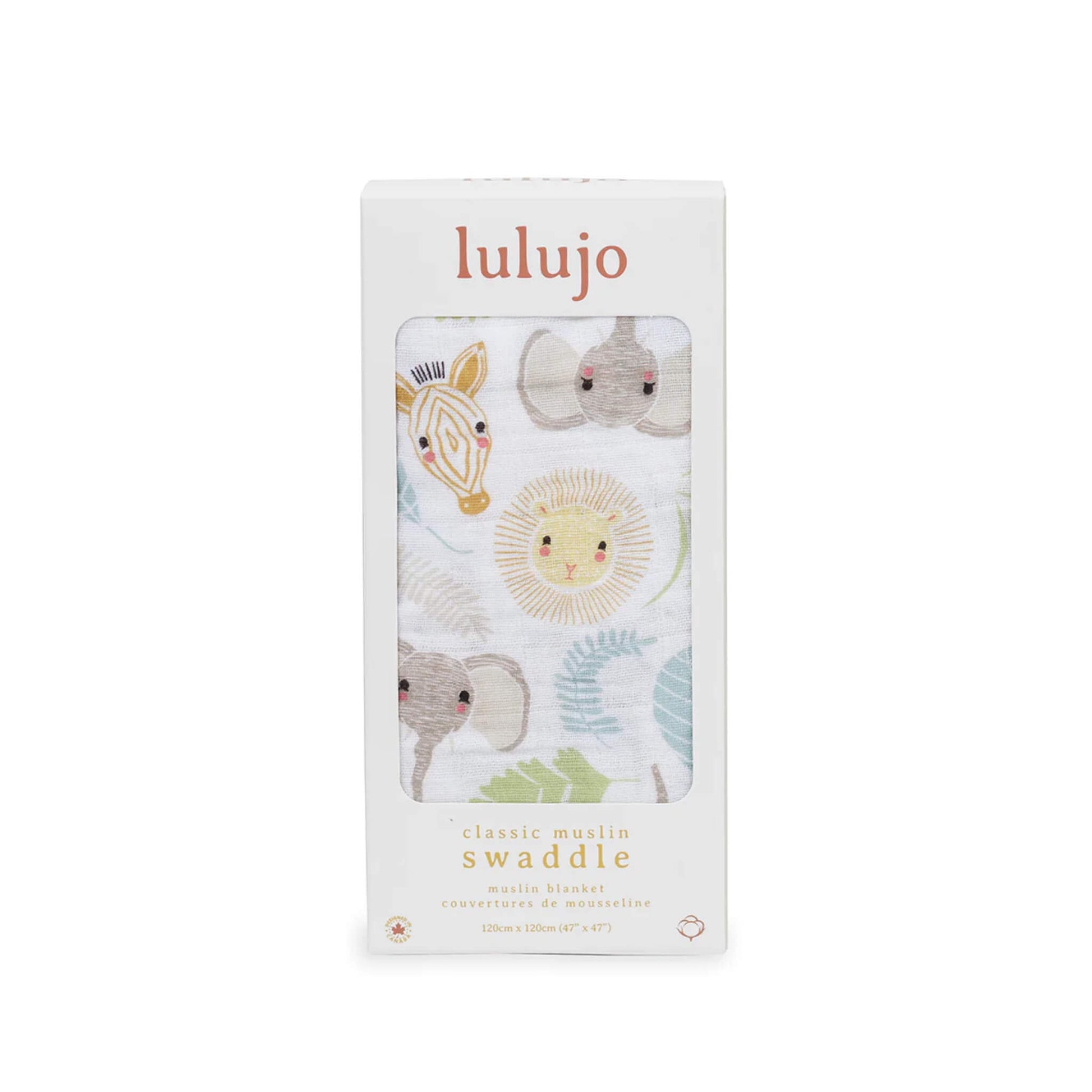 Jungle Safari muslin swaddle packaged in Lulujo’s cream-coloured box with clear window showing the printed fabric inside.
