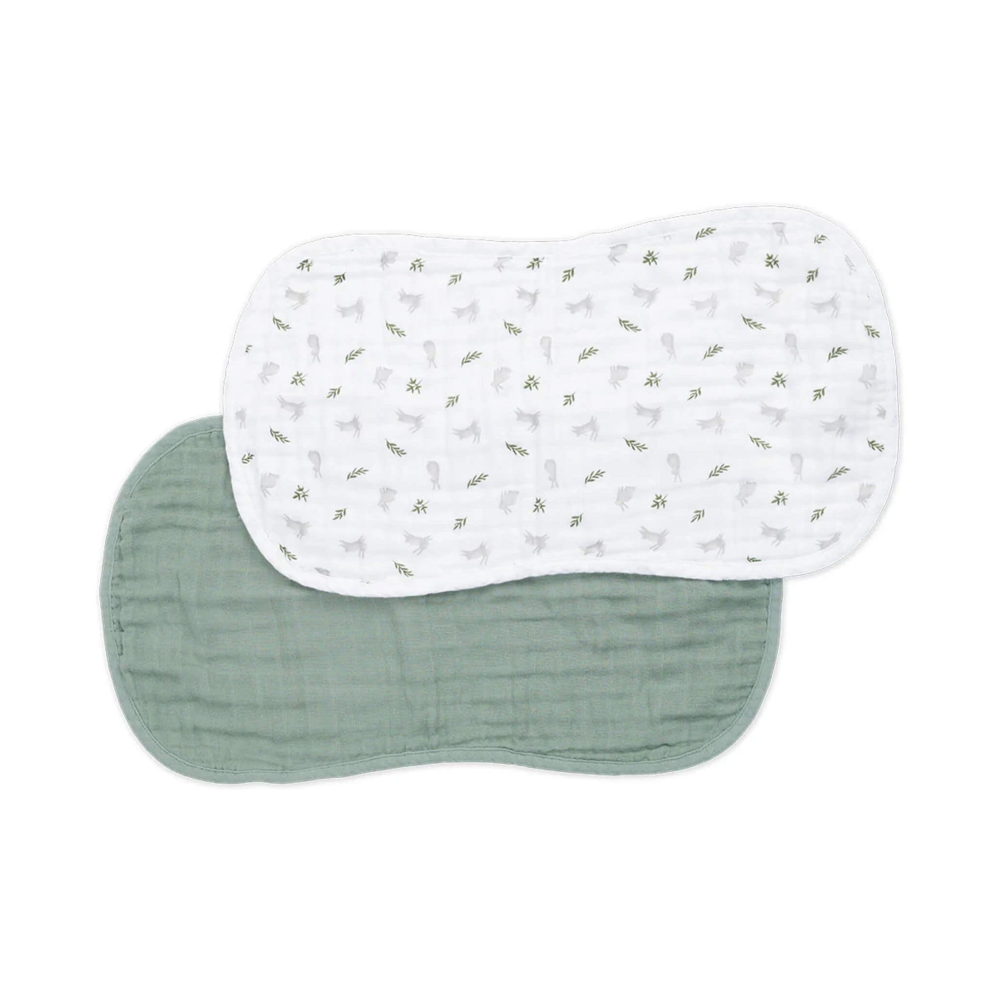 Lulujo muslin burp cloths 2-pack featuring one solid green and one with bunny and fern print, made from triple-layered soft and absorbent cotton muslin.
