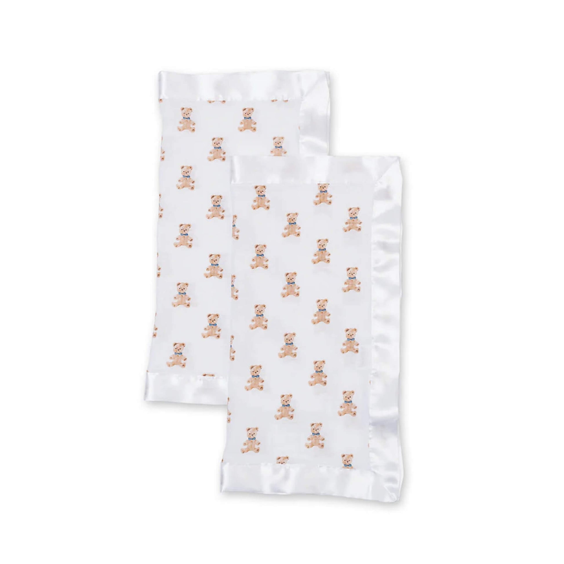 Lulujo Security Blanket set featuring two white muslin comforters with a teddy bear print and satin trim.