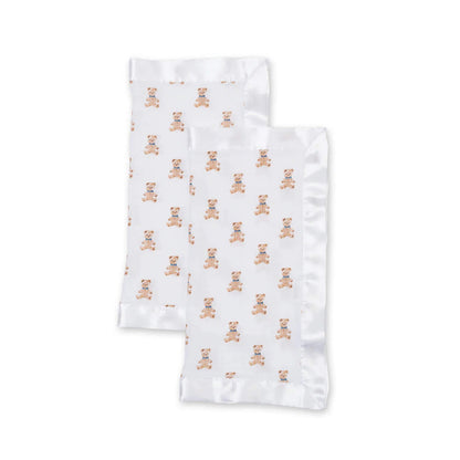 Lulujo Security Blanket set featuring two white muslin comforters with a teddy bear print and satin trim.