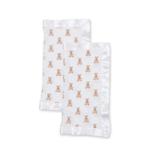 Lulujo Security Blanket set featuring two white muslin comforters with a teddy bear print and satin trim.