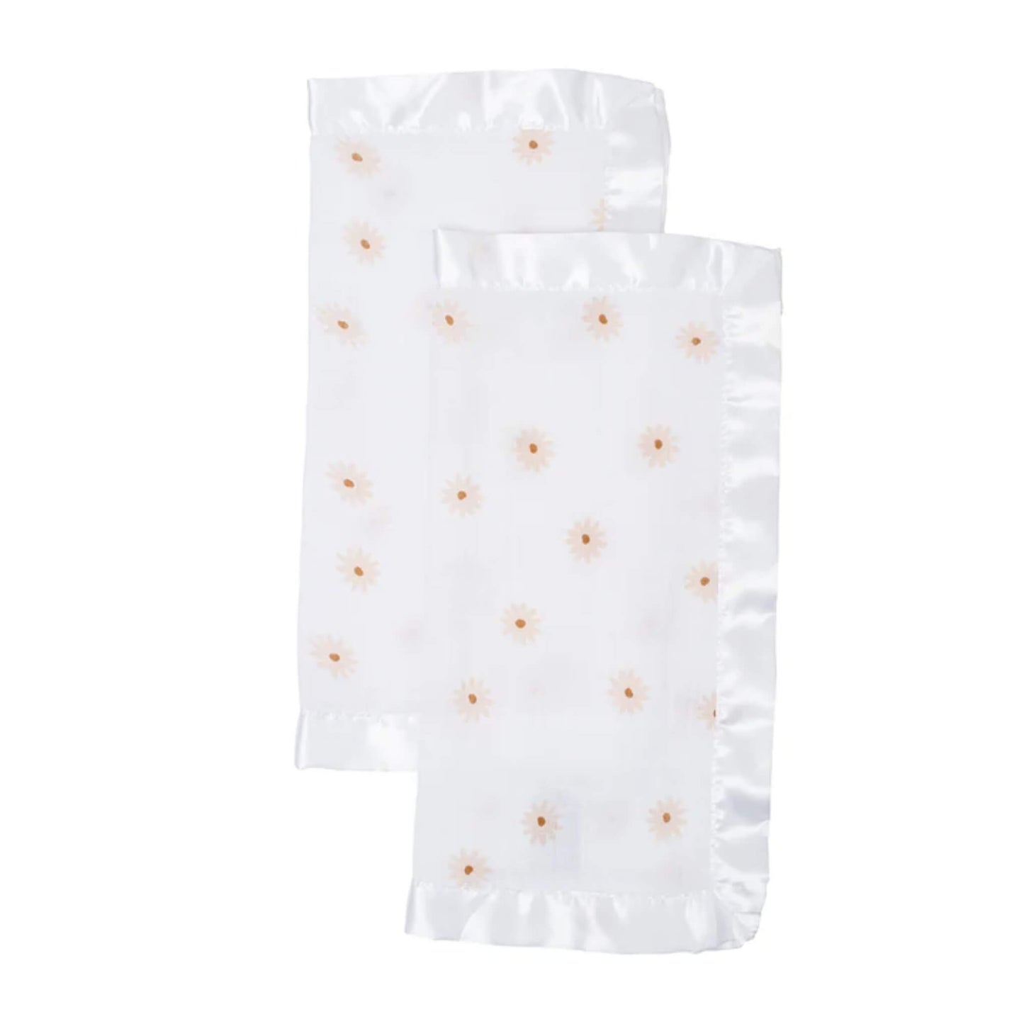 Lulujo muslin security blankets in a set of two, featuring white fabric with peach daisy print and silky satin trim for babies and toddlers.