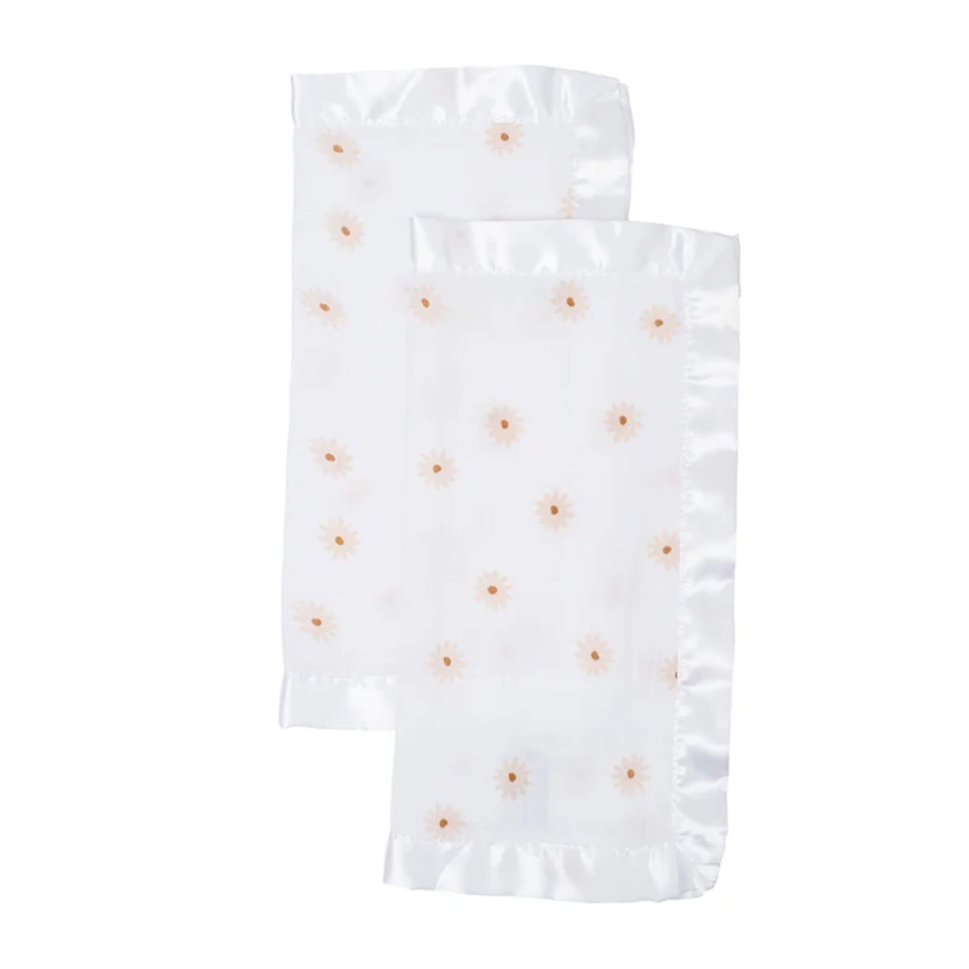 Lulujo muslin security blankets in a set of two, featuring white fabric with peach daisy print and silky satin trim for babies and toddlers.