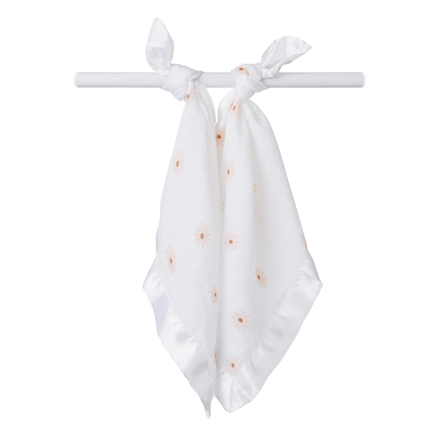 Lulujo muslin comfort blanket displayed tied, with soft white fabric, peach daisy pattern, and smooth satin edging—ideal for soothing and cuddling.