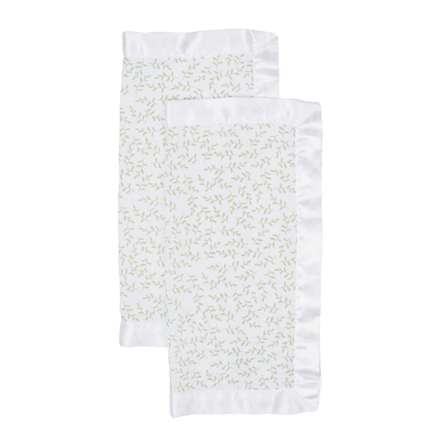 Lulujo muslin security blankets in a set of two with green leafy print and silky satin trim, perfect for newborns and toddlers.