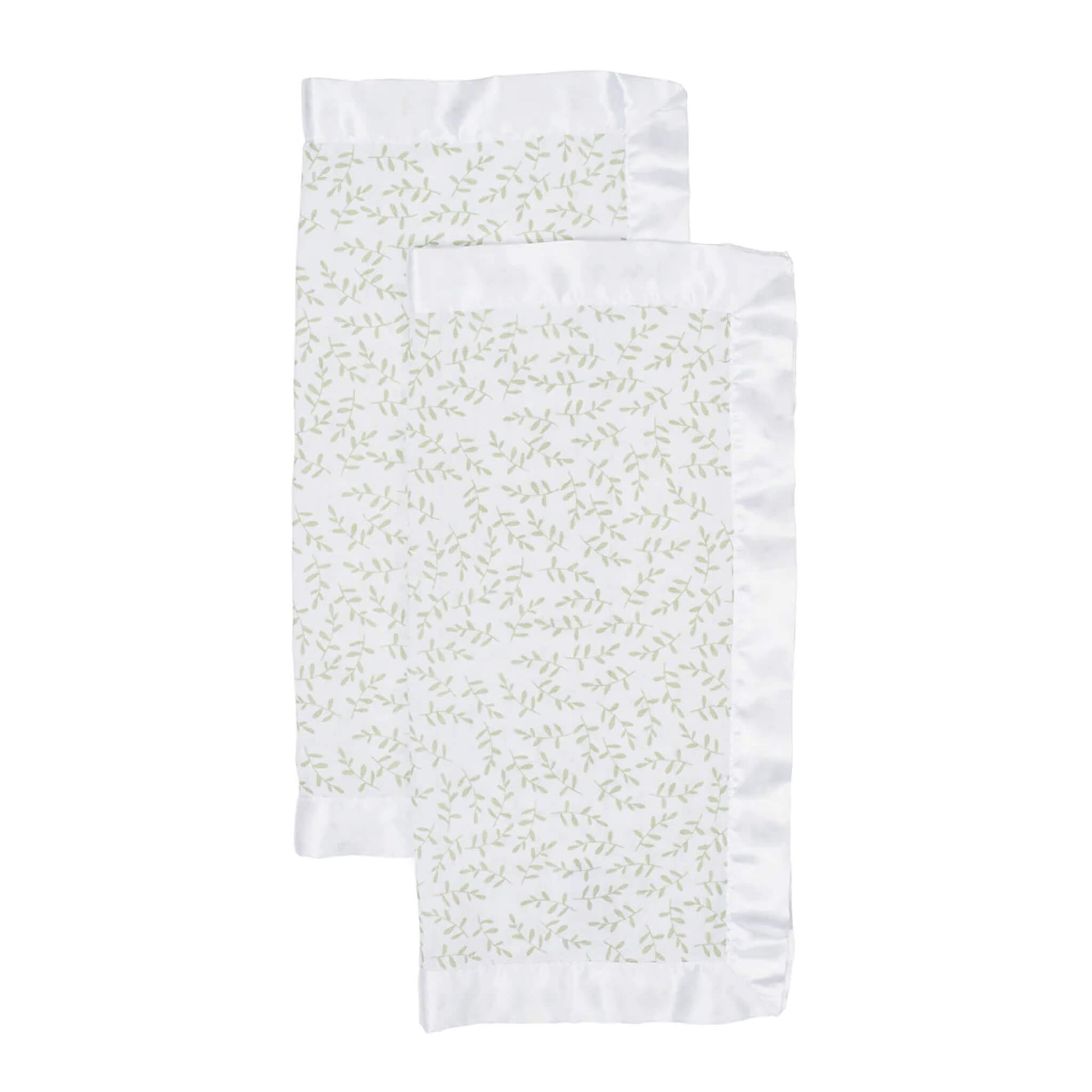 Lulujo muslin security blankets in a set of two with green leafy print and silky satin trim, perfect for newborns and toddlers.