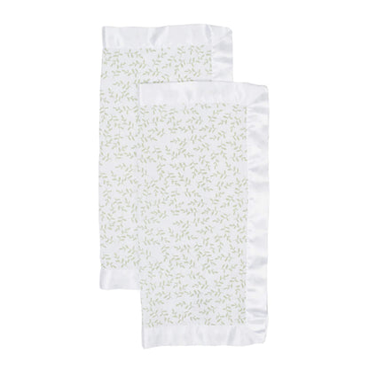 Lulujo muslin security blankets in a set of two with green leafy print and silky satin trim, perfect for newborns and toddlers.