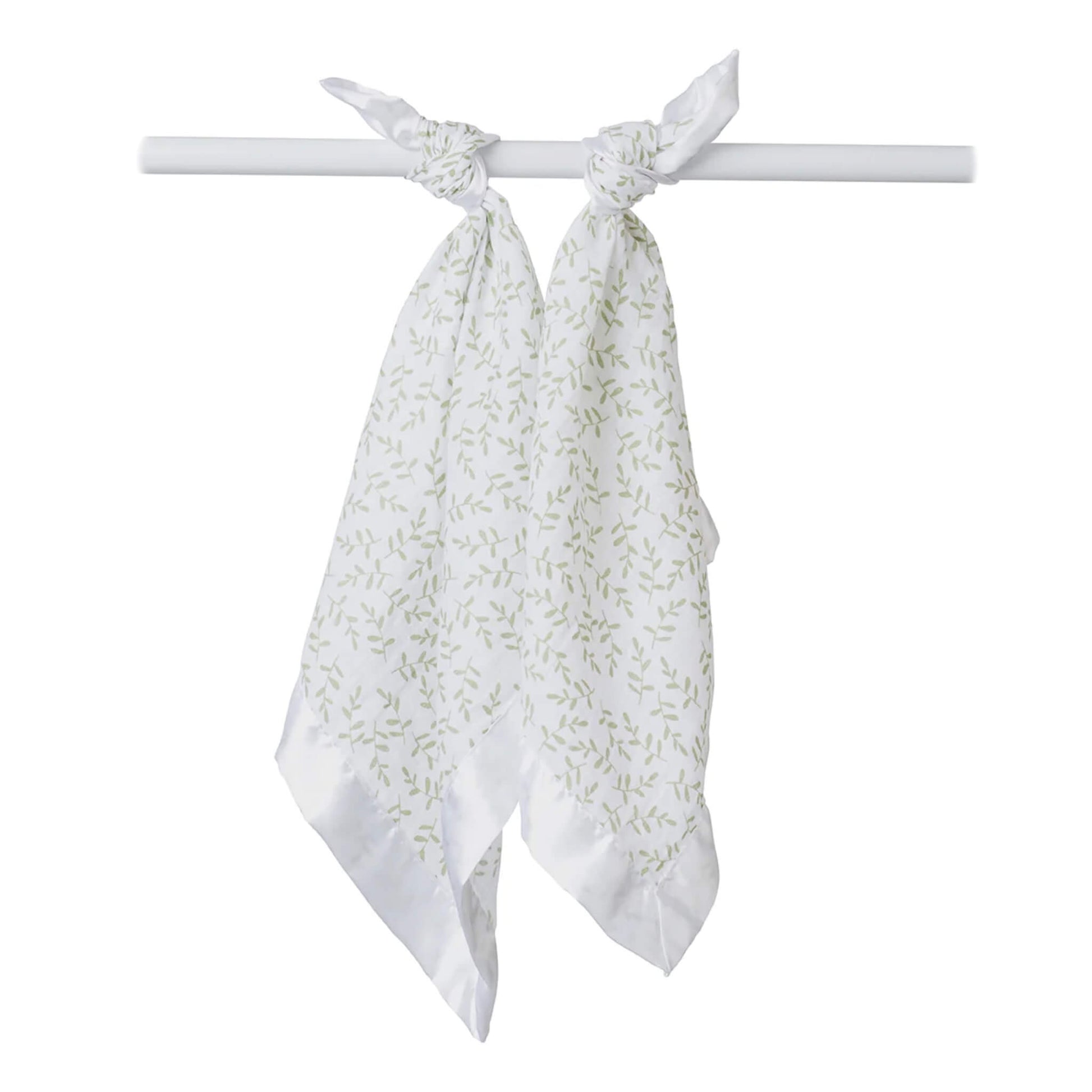 Two Lulujo baby comfort blankets tied for display, made from breathable muslin with a soft green leaf pattern and satin edges.