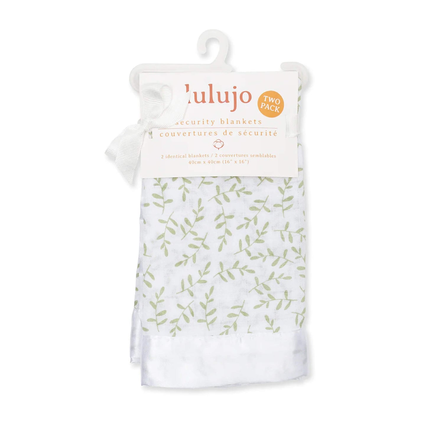 Lulujo Security Blanket 2-Pack in Greenery print, gift-ready in packaging with white muslin, green leaves, and silky satin trim.
