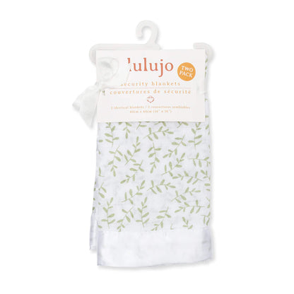 Lulujo Security Blanket 2-Pack in Greenery print, gift-ready in packaging with white muslin, green leaves, and silky satin trim.