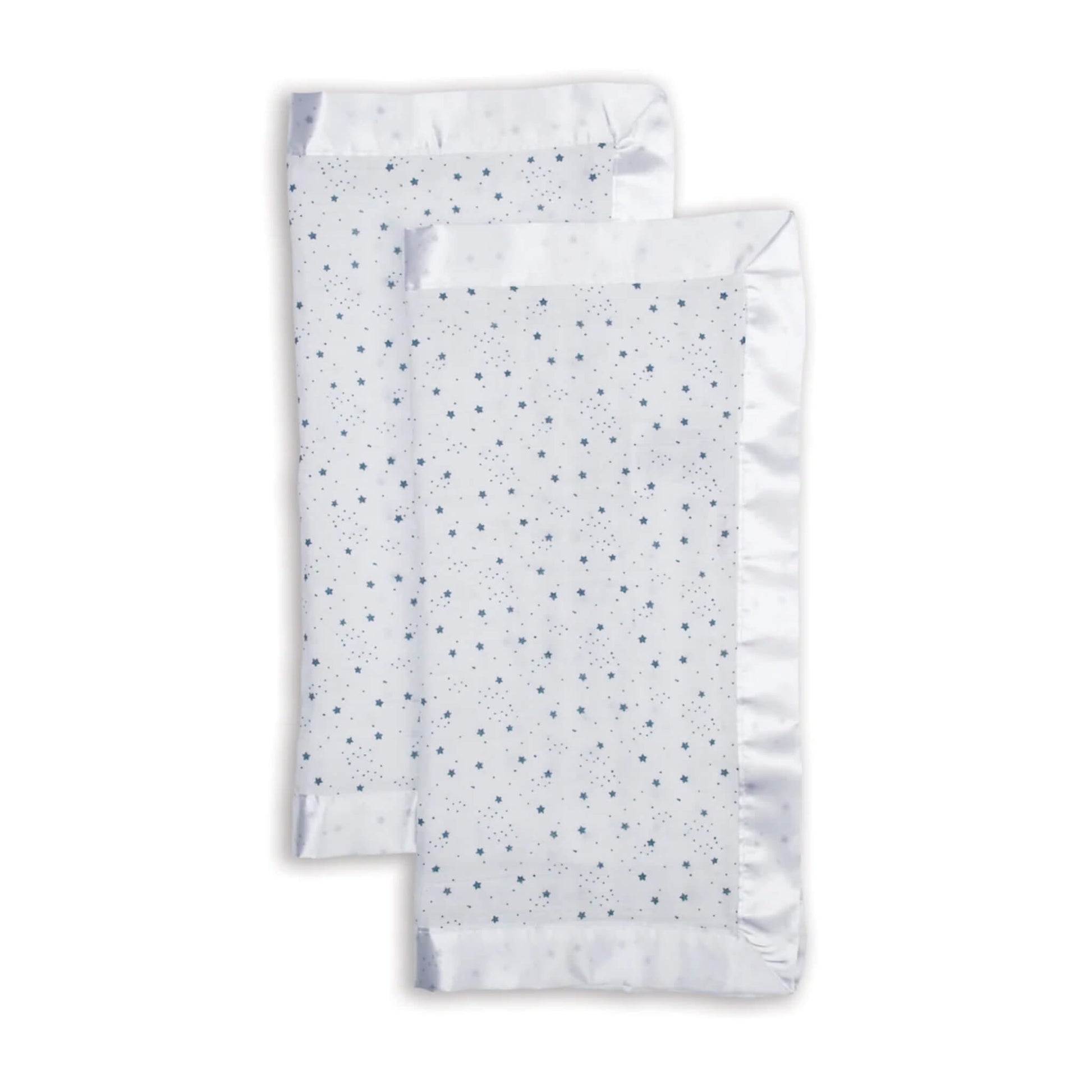 Lulujo muslin security blankets in a pack of two, featuring soft white fabric with blue stars and silky satin trim.