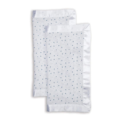 Lulujo muslin security blankets in a pack of two, featuring soft white fabric with blue stars and silky satin trim.
