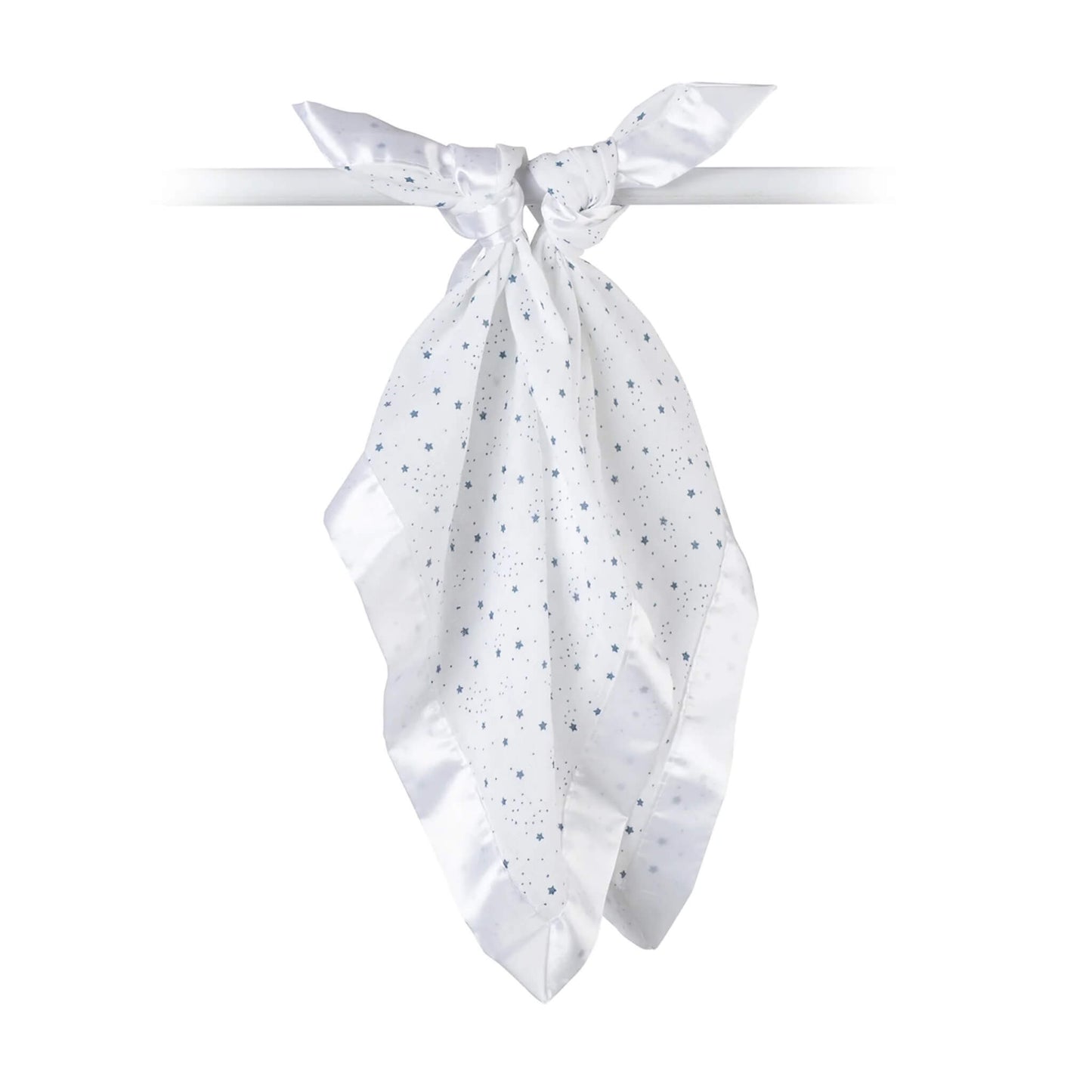 Lulujo muslin comforter blanket tied at the corner, showing blue star pattern and satin edging for babies and toddlers.