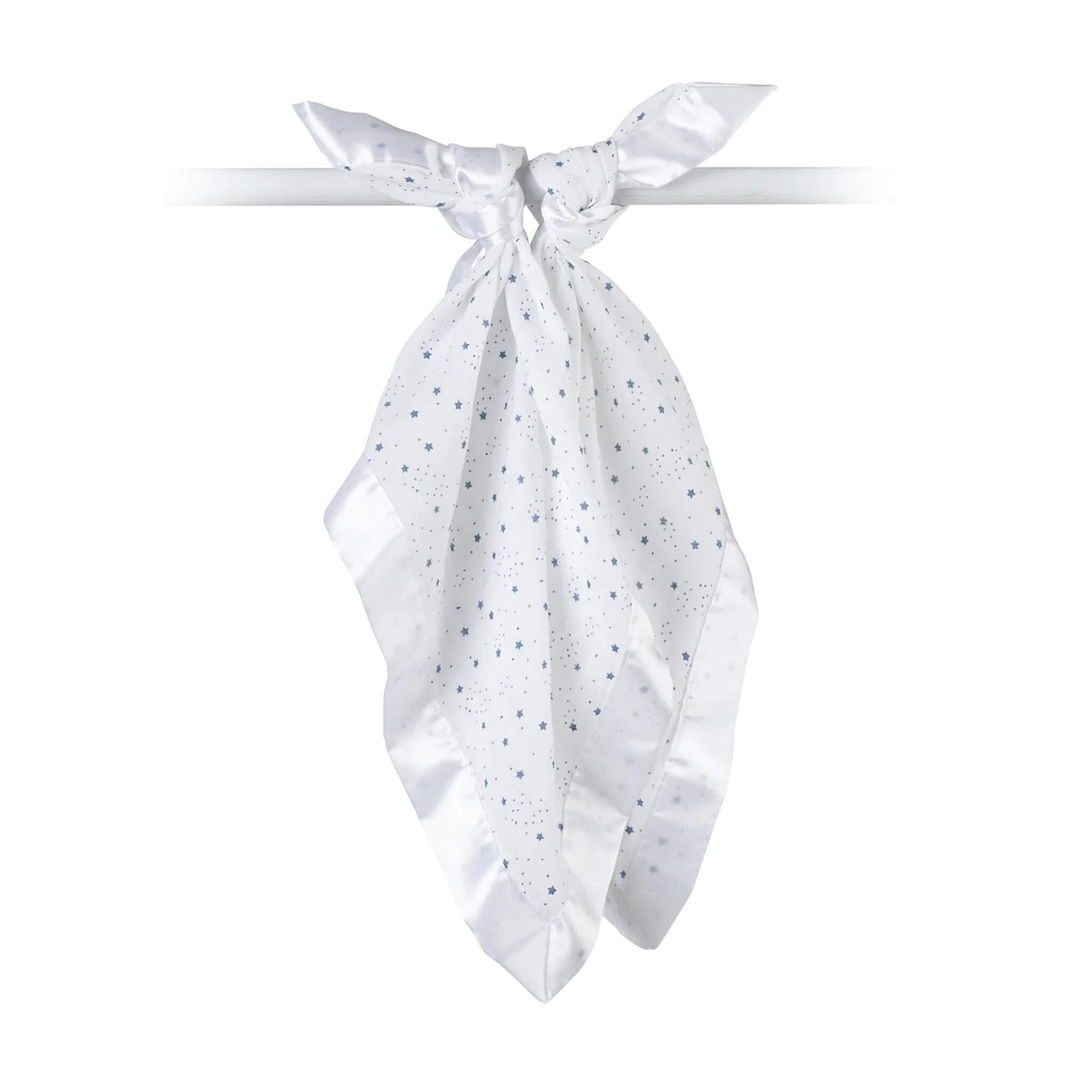 Lulujo muslin comforter blanket tied at the corner, showing blue star pattern and satin edging for babies and toddlers.