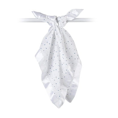 Lulujo muslin comforter blanket tied at the corner, showing blue star pattern and satin edging for babies and toddlers.