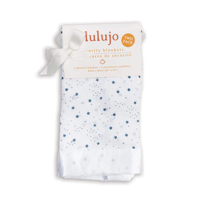 Lulujo Security Blanket 2-Pack in retail packaging, featuring white muslin with blue stars and a satin border.