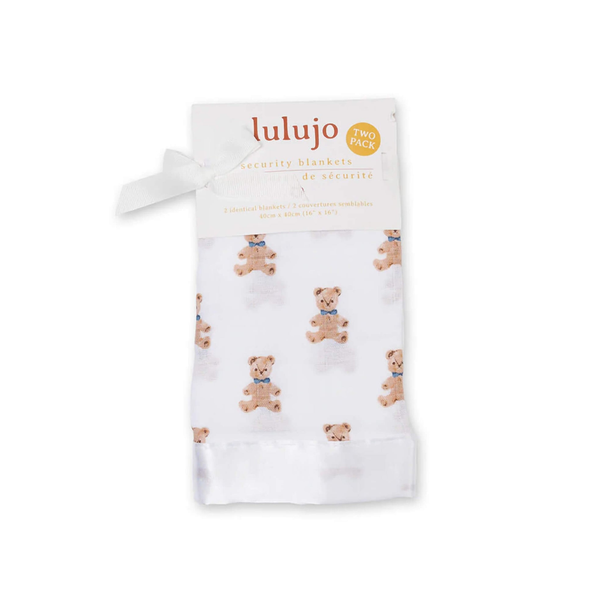 Packaged set of two muslin comfort blankets with teddy bear pattern, neatly folded with a white ribbon and branded cardboard sleeve.