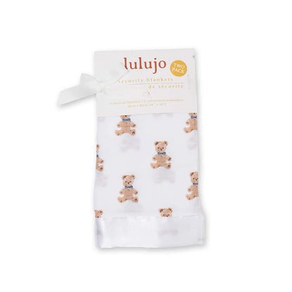 Packaged set of two muslin comfort blankets with teddy bear pattern, neatly folded with a white ribbon and branded cardboard sleeve.