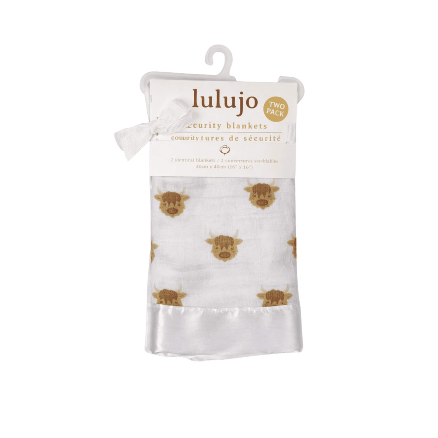 Lulujo Security Blanket Highland Cow two pack in soft white muslin with repeating brown highland cow print and smooth satin trim.