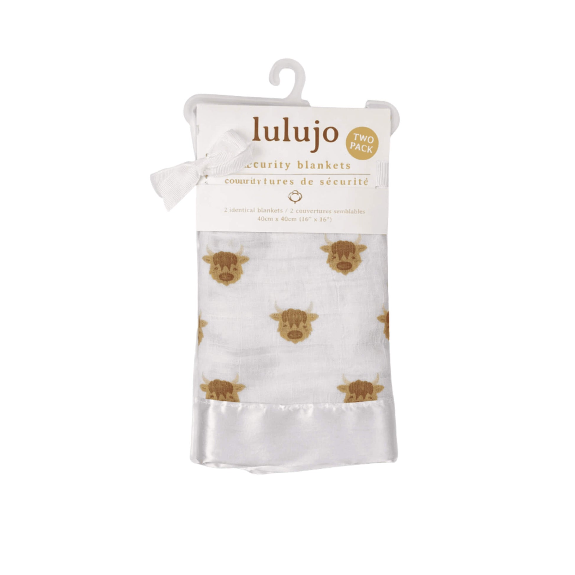 Lulujo Security Blanket Highland Cow two pack in soft white muslin with repeating brown highland cow print and smooth satin trim.