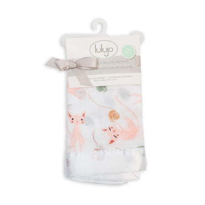 Lulujo two pack security blankets featuring soft white fabric with adorable pink kitty cat print and yarn ball design, packaged with striped ribbon on retail hanger.