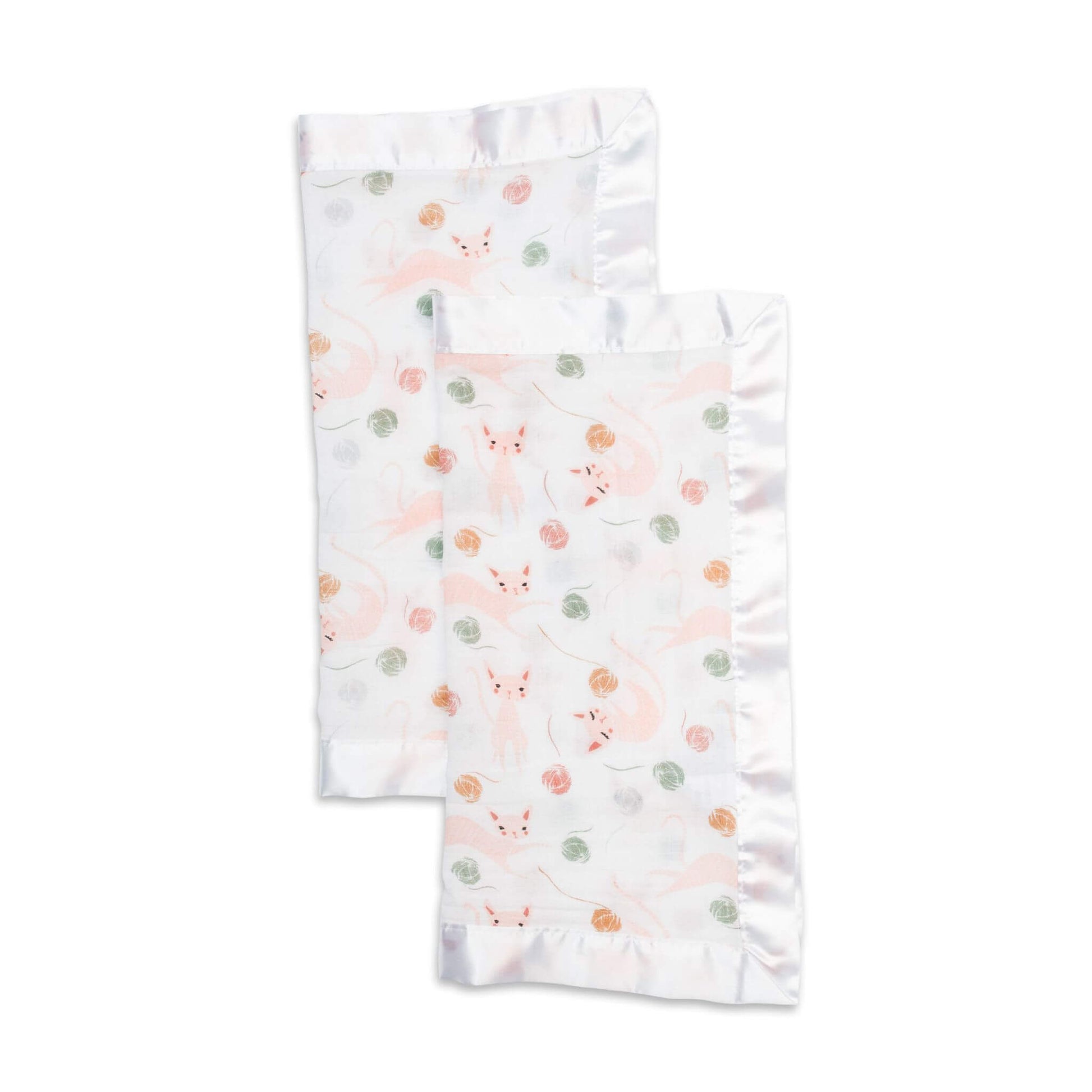 Pair of Lulujo Kitty Cat security blankets with satin trim displaying playful pink kittens and colourful yarn balls on white muslin, perfect for baby comfort and cuddles.