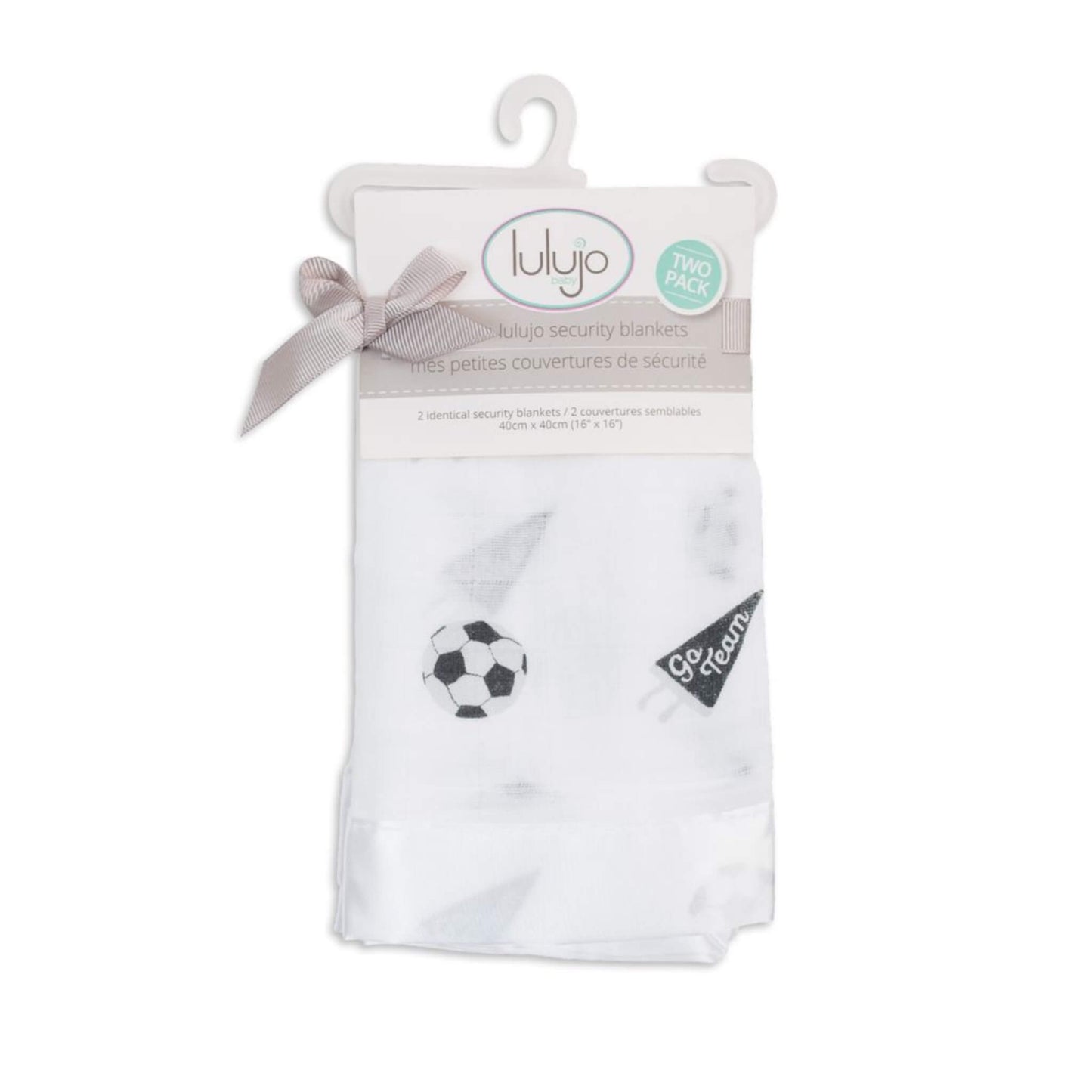 Lulujo Security Blanket in Soccer print. Two pack in soft white muslin with black football and ‘Go Team’ print and smooth satin trim.