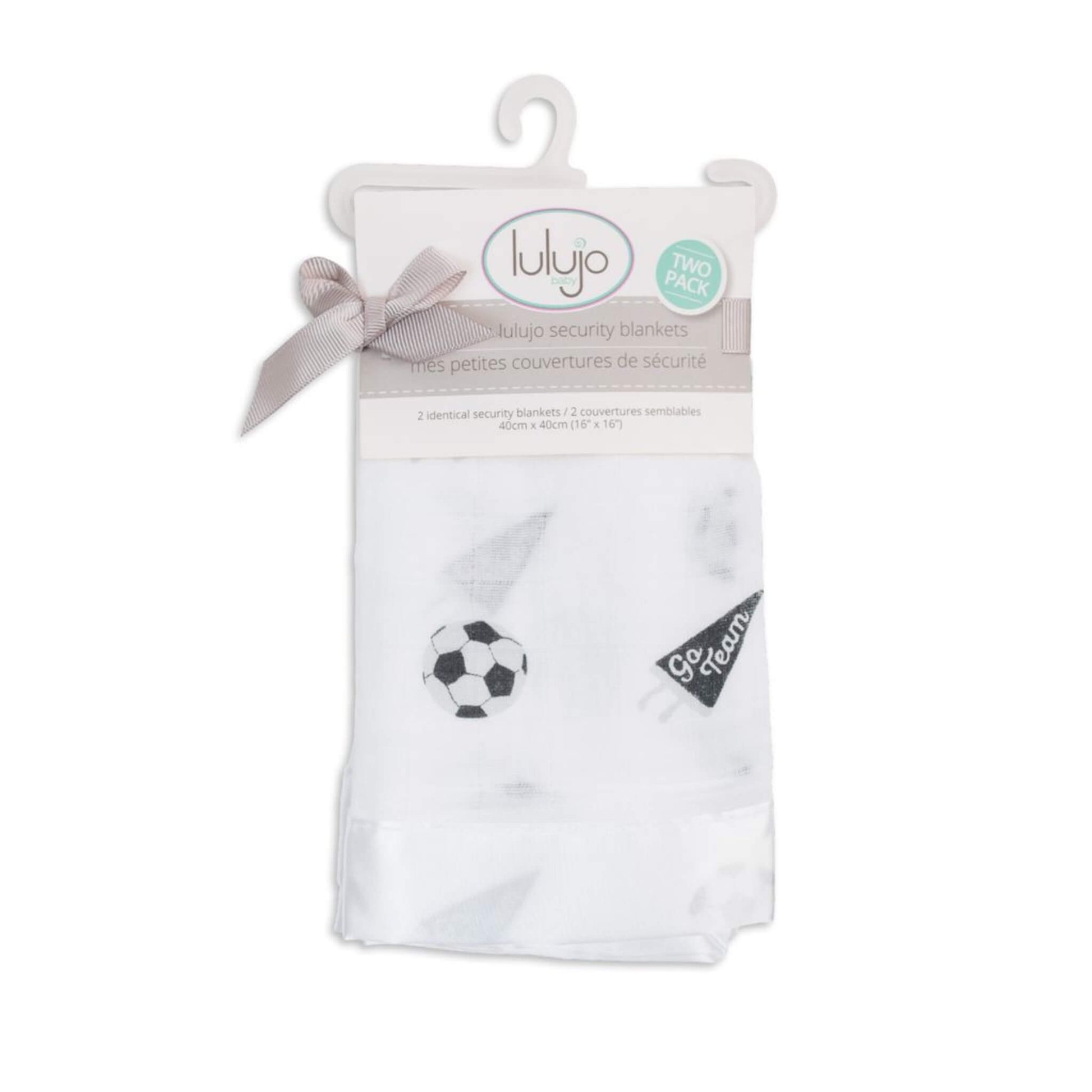 Lulujo Security Blanket in Soccer print. Two pack in soft white muslin with black football and ‘Go Team’ print and smooth satin trim.