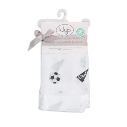 Lulujo Security Blanket in Soccer print. Two pack in soft white muslin with black football and ‘Go Team’ print and smooth satin trim.