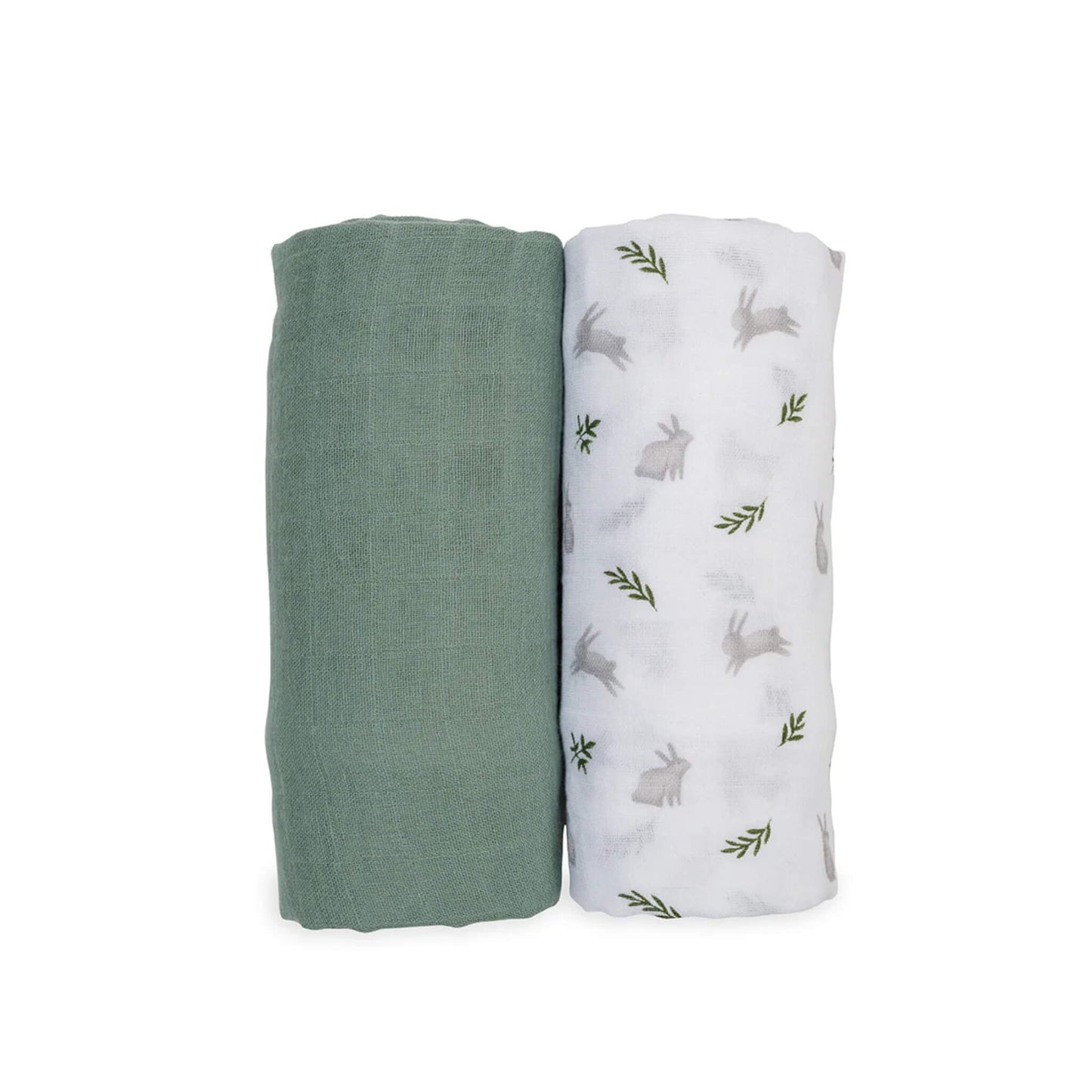 Two Lulujo Muslin Swaddles shown rolled side by side, one solid sage green and one white with soft grey bunny and green fern print.
